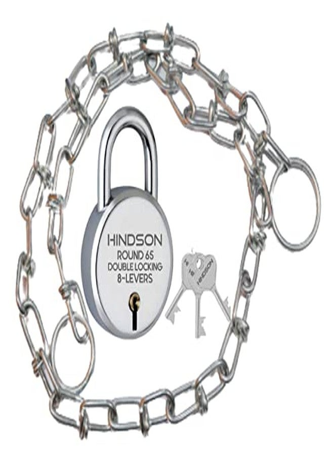 HINDSON Lock Round 65mm with 3 Key, Steel Double Locking, 8 Lever Padlock for Door, Gate, Shutter (Finish Silver) (Lock with Chain) - Image 1